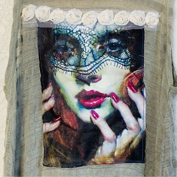 Bowie Vintage High Low Lace Rosettes Portrait Detail Tank Top Sz L - Picture 3 of 15